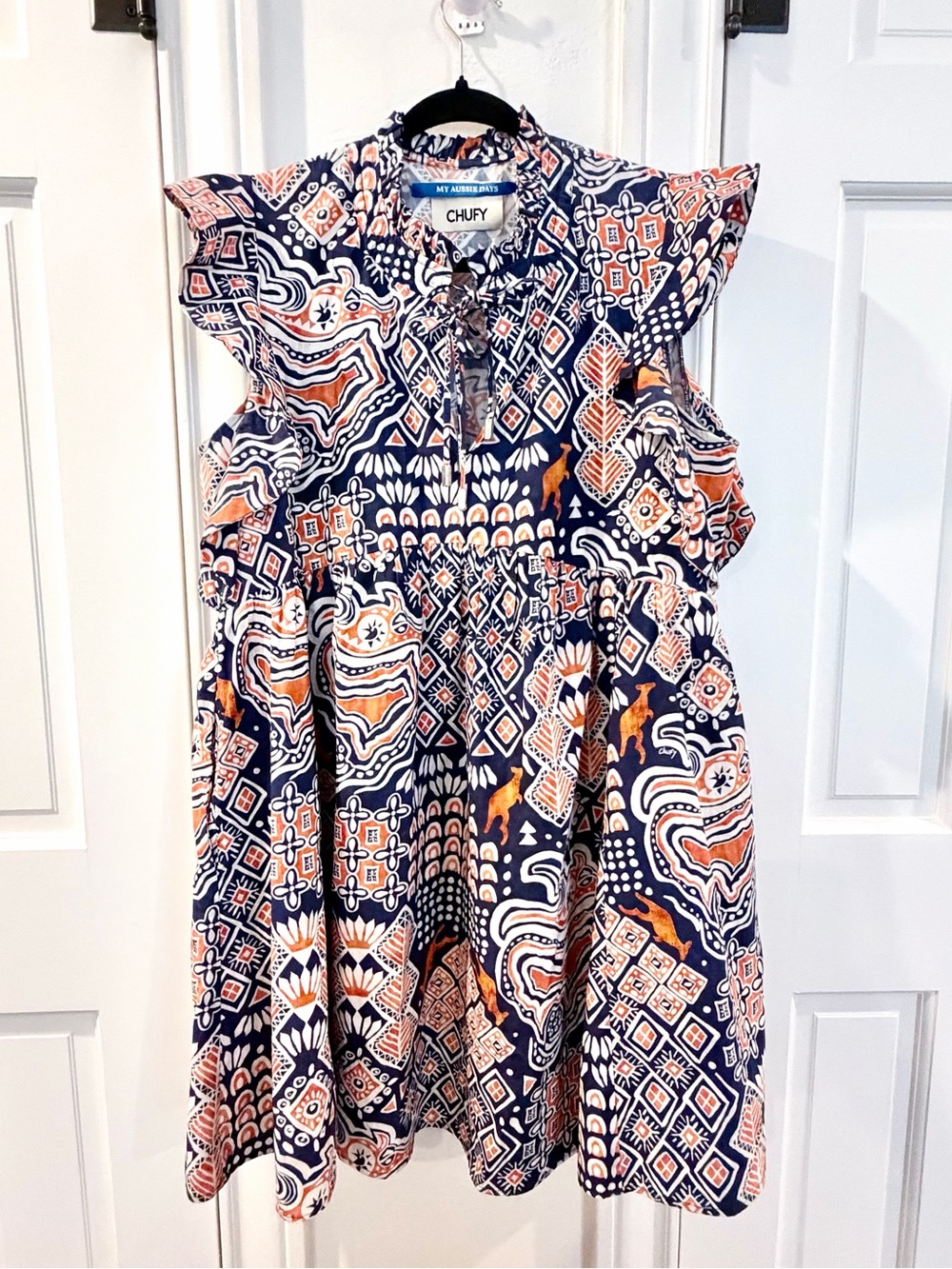 Cool Chufy Addi Mini Dress in Maali Navy. Australian dress organic cotton
